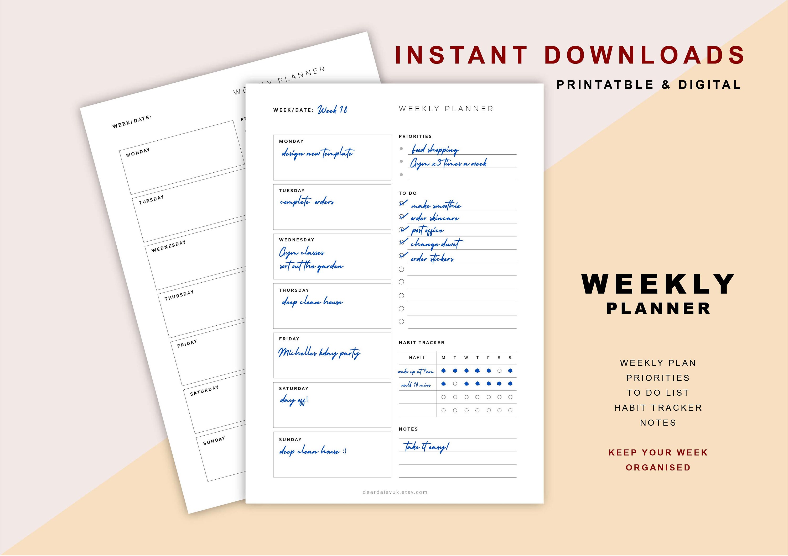 Simple PRINTABLE Weekly Planner Digital Planner Organiser Organised ...