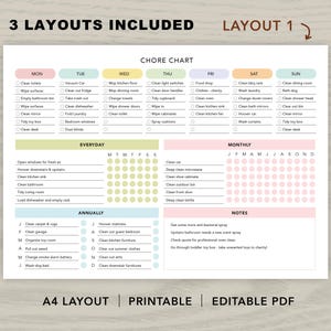 Pode incluir: Um quadro de tarefas domésticas imprimível com três layouts diferentes. O quadro é dividido em tarefas diárias, semanais, mensais e anuais. O quadro é projetado em um esquema de cores azul claro, rosa e verde.