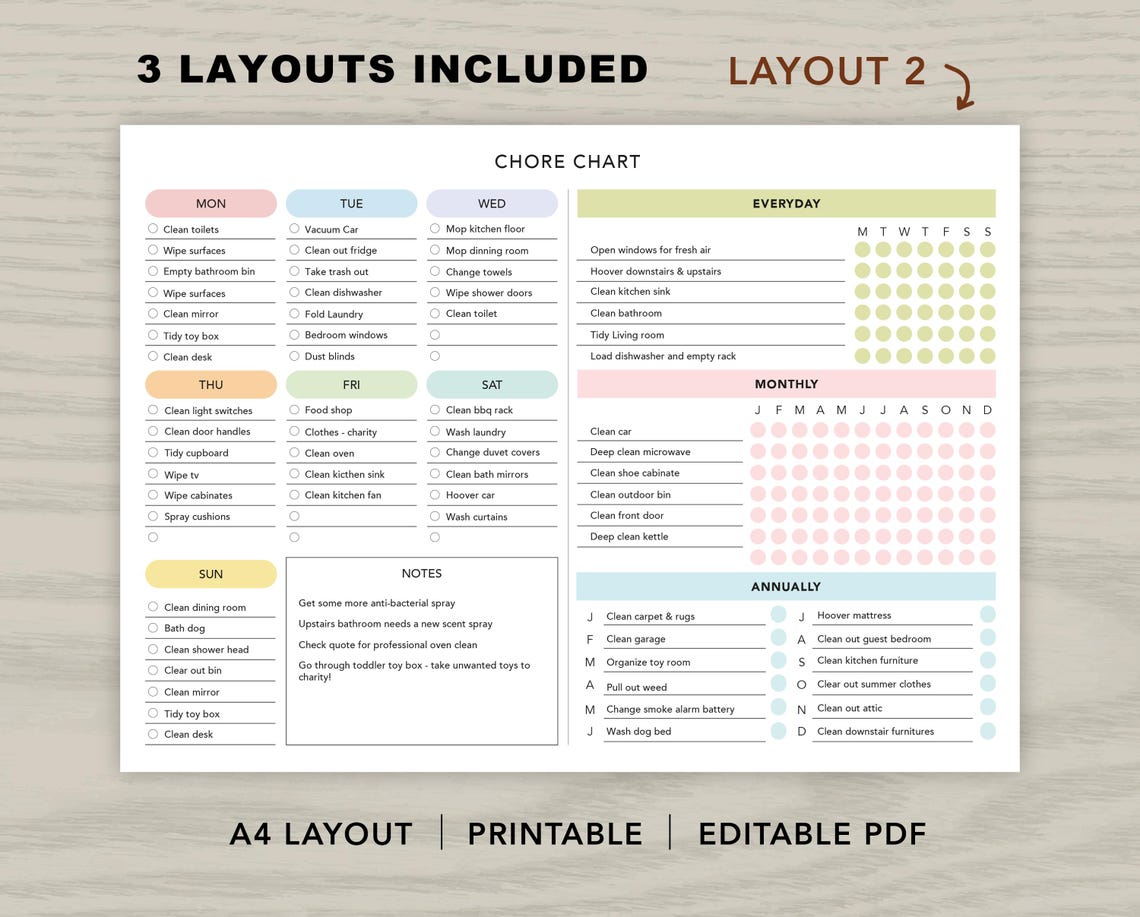 Editable Cleaning Chore Chart Printable | Weekly Monthly Cleaning ...