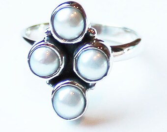 June Birthstone Ring - Size 7 -  100% 925 Solid Sterling Silver multi stone natural cab White Pearl Gemstone Ring - Gift Boxed