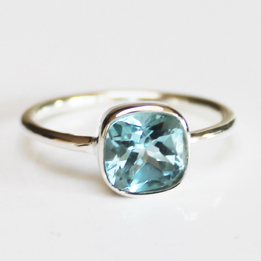 100% 925 Solid Sterling Silver Square Faceted Blue Topaz Gemstone Ring 