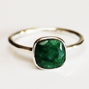 May Birthstone Ring - 100% 925 Solid Sterling Silver Solitaire Natural Green Emerald Square Gemstone Ring - gift boxed