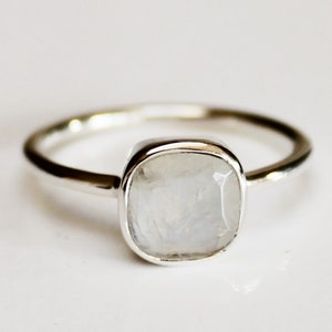 April Birthstone Ring - 100% 925 Solid Sterling Silver Solitaire Natural White Rainbow Moonstone square Gemstone Ring - gift boxed