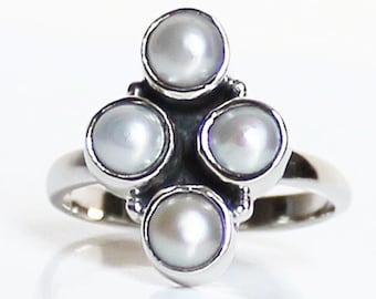 June Birthstone Ring - Natural Stone White Pearl Ring – 925 Sterling Silver - Handmade Gemstone Jewellery Gift for Her - US Size 7