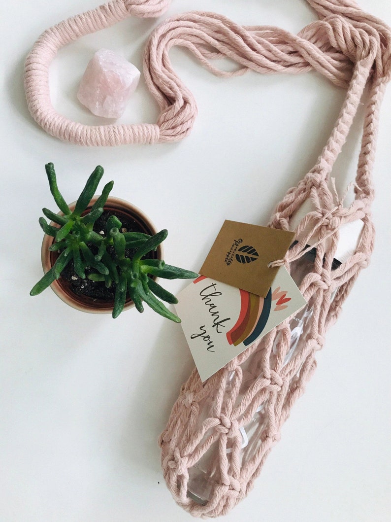 Macrame Bottle Holder Long Strap Christmas gifts Water bottle holder Cotton l Ethically Conscious shop Eco-friendly Gifts Natural D Power Pink