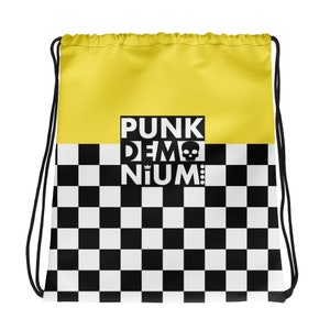 Checkered-Black & White with Yellow-Punkdemonium-Drawstring bag
