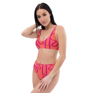Abstract Orange and Pink Lines-Punkdemonium-Recycled high-waisted bikini (from XS-3XL)