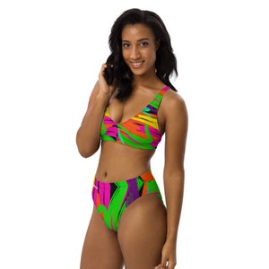 Neon Abstract Streaks-Punkdemonium-Recycled high-waisted bikini (from XS-3XL)