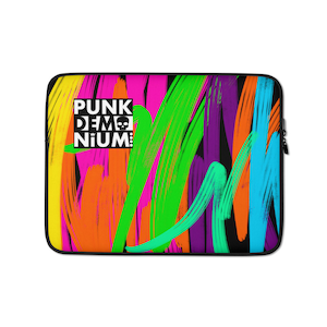 May include: A black laptop sleeve with a colorful abstract design. The design features bright neon colors like pink, orange, green, blue, and purple. The text "PUNK DEM NIUM" is printed in white on a black rectangle in the upper left corner.