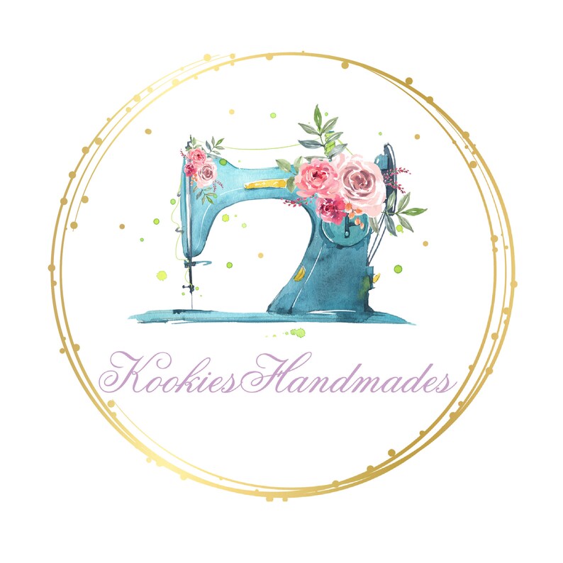 May include: A watercolour illustration featuring a teal sewing machine decorated with pink roses and green foliage, enclosed within a gold circular frame. The text "Kookies Handmades" is written in a cursive font below the sewing machine.