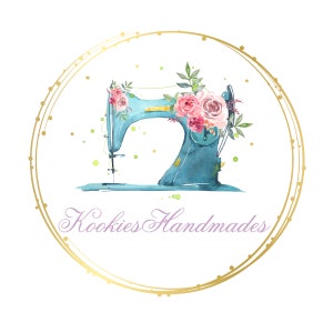 May include: A watercolor illustration of a vintage teal sewing machine adorned with pink roses and greenery, set within a gold circular frame. The text "Kookies Handmades" is written in a cursive font below the sewing machine.