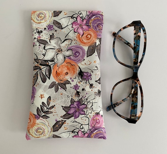 Purple & orange floral snap/flex glasses case in vinyl. Handcrafted