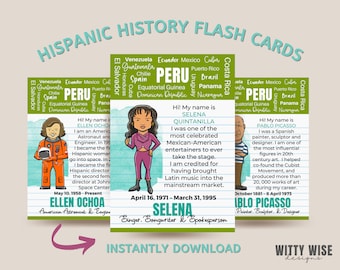 May include: Three illustrated flash cards featuring Hispanic historical figures. The cards are designed to look like lined paper with a colorful border. The first card features Ellen Ochoa, an American astronaut and engineer. The second card features Selena Quintanilla, a Mexican-American singer, songwriter, and spokesperson. The third card features Pablo Picasso, a Spanish painter, sculptor, and designer. Each card includes a brief biography of the individual.