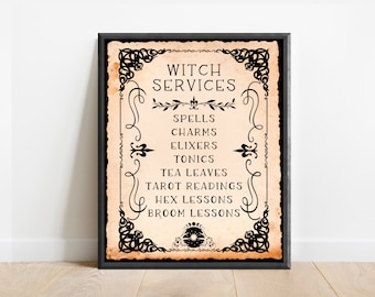 Witch Services Sign | Halloween Printable | Vintage Halloween Decor | Spooky Decor | Witch Wall Art | Apothecary Print | Digital Download