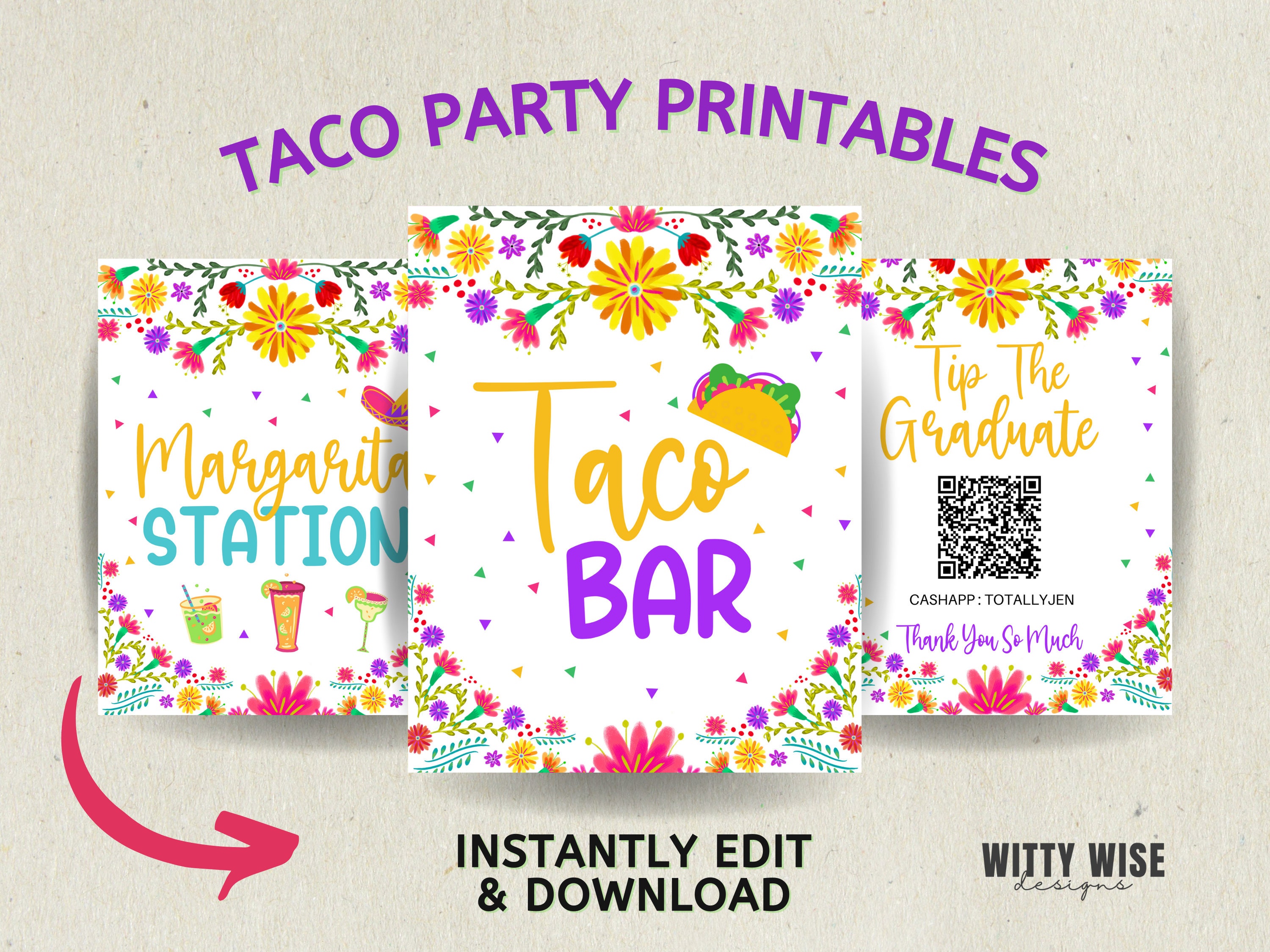 Taco Bar Sign | Fiesta Theme Party | Taco Graduation Party |  Fiesta Bridal Shower | Tip The Grad | Custom QR Code Sign | Fiesta Baby Shower