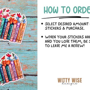 May include: A set of two colorful book stack stickers featuring a stack of books with floral accents and the names of authors such as Alice Walker, Langston Hughes, and James Baldwin. The stickers are on a blue wooden background. How to Order: Select desired amount of stickers & purchase. When your stickers arrive and you love them, be sure to leave me a review! Witty Wise Designs.