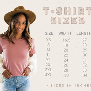 May include: A chart showing t-shirt sizes in inches. The chart lists sizes from XS to 4XL with corresponding width and length measurements.