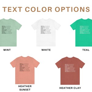 May include: Five t-shirts displayed on a white background. The t-shirts are in the colours mint, white, teal, heather sunset, and heather clay. Each t-shirt has the same text printed on it in black: "WRITE LIKE ANGELS IMAGINE LIKE GENIUS LEAD LIKE TRIUMPH DREAM LIKE STARS CHALLENGE LIKE KINGS DISCOVER LIKE PANES SPEAK LIKE YOURSELF INSPIRE LIKE THOUGHTFUL BE BRAVE LIKE BRIDGES"