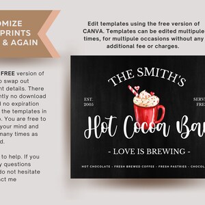 May include: Black chalkboard sign with white text that reads "The Smith's Hot Cocoa Bar - Love is Brewing -" with a watercolor illustration of a red mug of hot cocoa topped with whipped cream, candy canes, and sprinkles. The sign also includes the text "EST. 2005" and "Served Fresh".