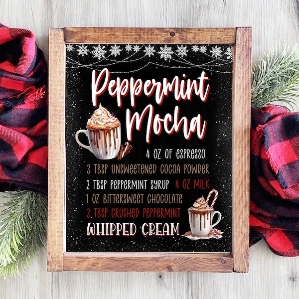 Christmas Coffee Bar Sign | Hot Cocoa Sign | Hot Chocolate Sign | Holiday Wall Decor | Coffee Menu | Peppermint Mocha | Christmas Printables