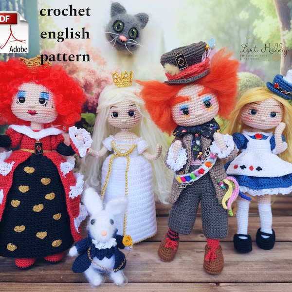 Alice in wonderland - Mat hatter- Red quenn- White quenn- Alice - The White Rabbit - The Chemrire Cat pattern PDF TUTORİAL ENGLİSH