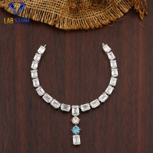 20.23 TDW F.B. Round & Emerald Cut Diamond Necklace | White Gold | Cvd/Hpht Diamond | Diamond Necklace | Labstone