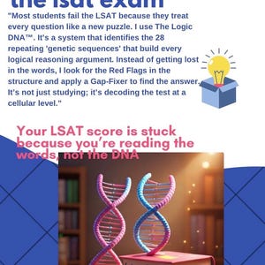 May include: Image promoting LSAT exam preparation. The text reads "LOGIC DNA for the LSAT exam." Two DNA models, one pink and one blue, sit atop three books labeled "Law School Exam." A lightbulb shines above a blue box.
