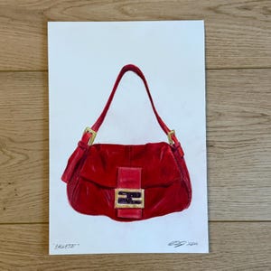 Illustrazione originale di una borsa Fendi disegnata a mano - Stampa artistica da parete in formato A4, schizzo di una borsa firmata, regalo di lusso per gli amanti della moda