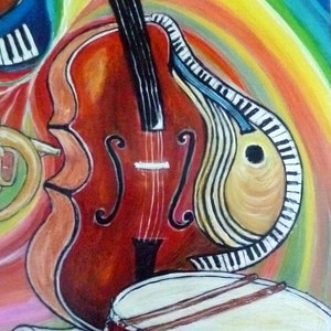 Tableau acrylique, Cette toile abstrait jazz vibration né de une amour pour la musique et les beaux instruments. image 2