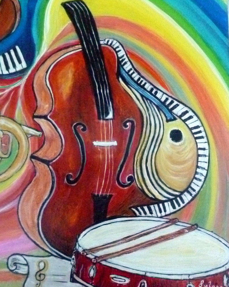 Tableau acrylique, Cette toile abstrait jazz vibration né de une amour pour la musique et les beaux instruments. image 2