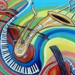 Tableau acrylique, Cette toile abstrait jazz vibration né de une amour pour la musique et les beaux instruments. image 3