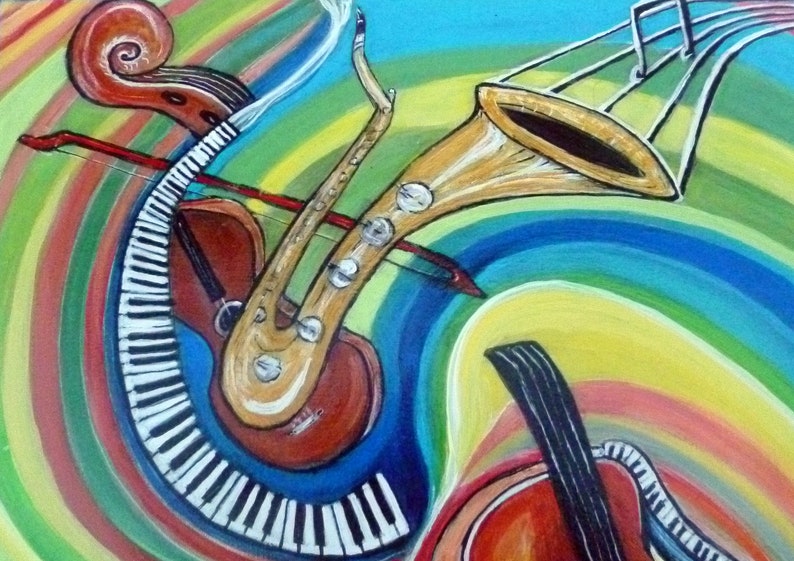 Tableau acrylique, Cette toile abstrait jazz vibration né de une amour pour la musique et les beaux instruments. image 3