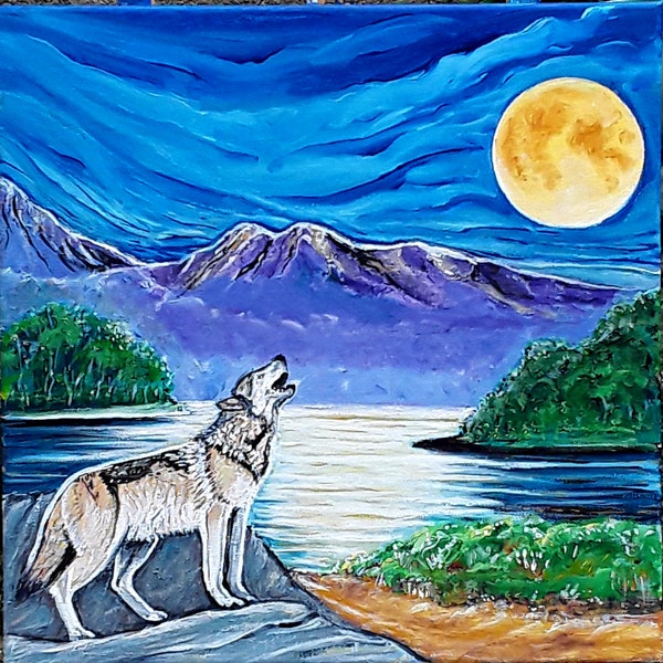 L'art original, peinture acrylique,monde imaginaire,Cadeau parfait, les loups,la lune