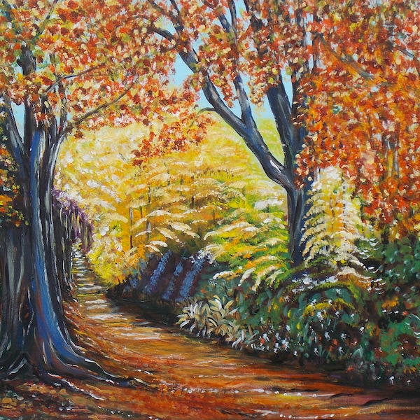 Paysage,acrylique, Automne, la montagne noire.promenade, les bois.les feuilles dorés