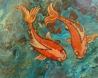 Tableau contemporain,Poissons sur un fond vert,peinture original crée avec acrylique fluide, Décoration, Cadeau fait main