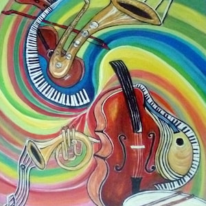 Tableau acrylique, Cette toile abstrait jazz vibration né de une amour pour la musique et les beaux instruments. image 1