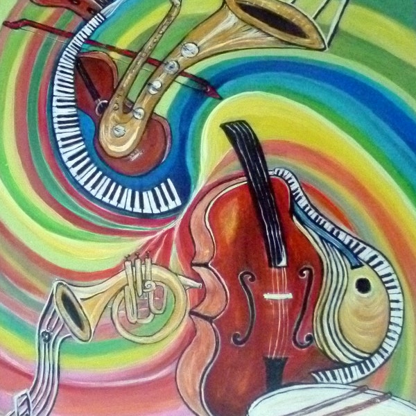 Tableau acrylique, Cette toile abstrait jazz vibration né de une amour pour la musique et les beaux instruments.