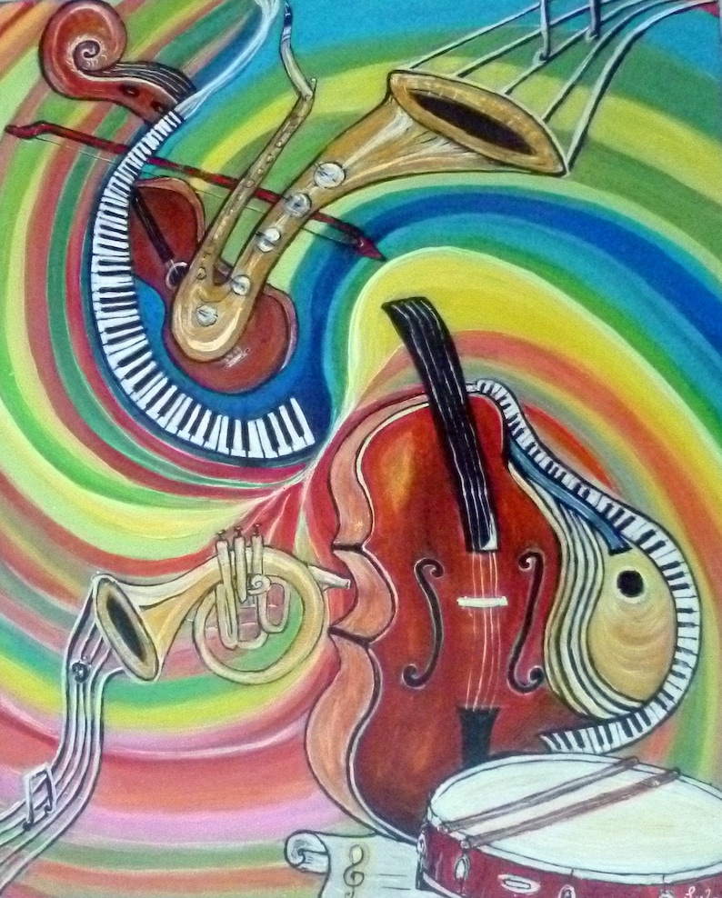 Tableau acrylique, Cette toile abstrait jazz vibration né de une amour pour la musique et les beaux instruments. image 1