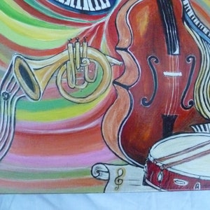 Tableau acrylique, Cette toile abstrait jazz vibration né de une amour pour la musique et les beaux instruments. image 4