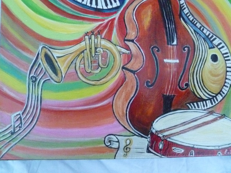 Tableau acrylique, Cette toile abstrait jazz vibration né de une amour pour la musique et les beaux instruments. image 4