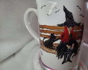 Coffee mug,  hand painted,  witch with cat