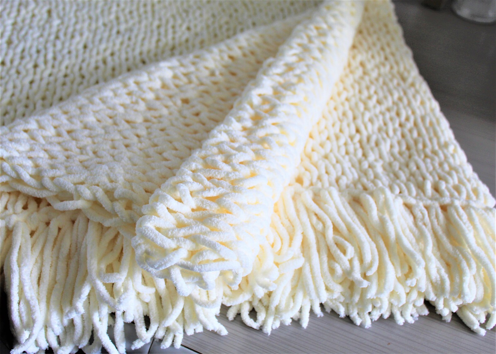 Cream Hand Knit Chenille Baby Blanket With Fringe Trim Etsy