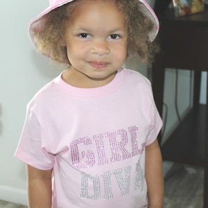 Toddlers/Girls Short sleeved cotton rhinestone t-shirt with "GIRL DIVA" rhinestone lettering using pink and crystal rhinestones.
