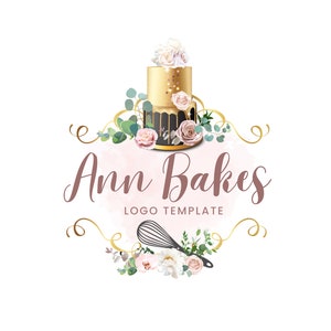 Ann Bakes Tier Cake Logo, Flower Cake Whisk Logo, Bakery Wedding Cake Logo, Cakery Rosegold Floral Confetti Cake Logo Brand, Canva Template