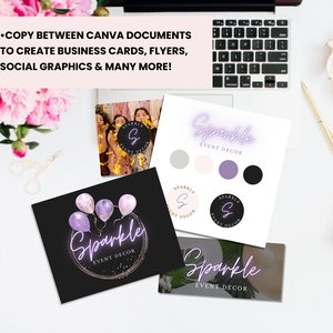 May include: A collection of four different logo designs for a business called "Sparkle Event Decor". The logos feature a variety of styles, including a neon sign, a circle with a letter "S" inside, and a handwritten font. The logos are displayed on a white background with a few pink flowers and a laptop in the background.