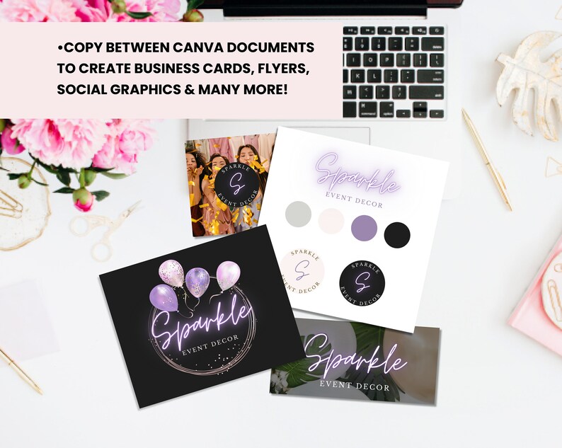 May include: A collection of four different logo designs for a business called "Sparkle Event Decor". The logos feature a variety of styles, including a neon sign, a circle with a letter "S" inside, and a handwritten font. The logos are displayed on a white background with a few pink flowers and a laptop in the background.