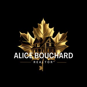May include: A gold-colored logo on a black background. The logo features a house silhouette set against a gold maple leaf. The text "ALICE BOUCHARD REALTOR" is displayed in white, with a gold key below.