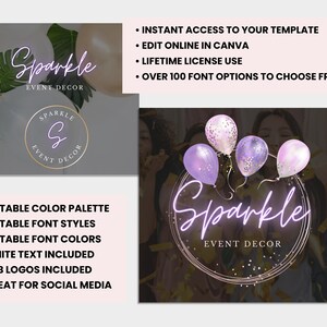 May include: A digital template for an event decor business called "Sparkle Event Decor". The template features a pink and purple neon sign with the business name and a circle with a pink and purple balloon graphic. The template is customizable with editable colors, fonts, and text.
