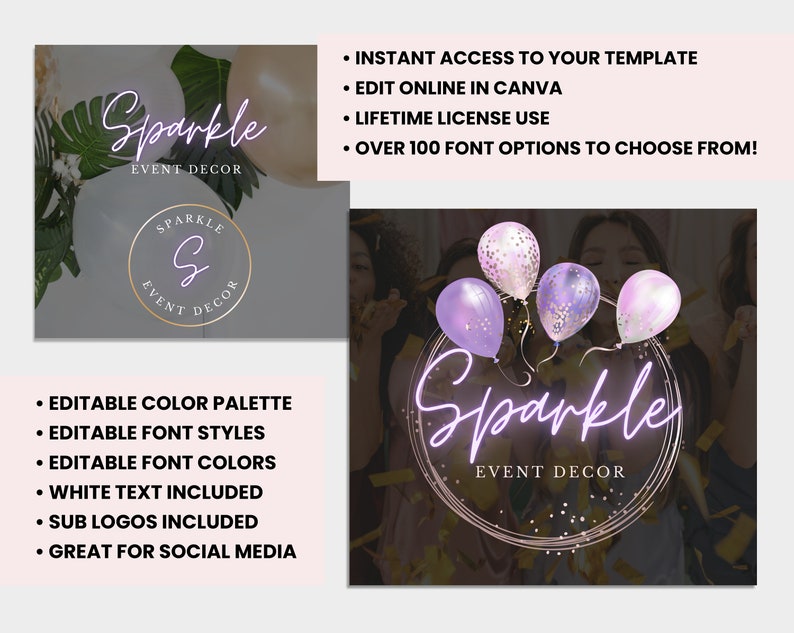 May include: A digital template for an event decor business called "Sparkle Event Decor". The template features a pink and purple neon sign with the business name and a circle with a pink and purple balloon graphic. The template is customizable with editable colors, fonts, and text.