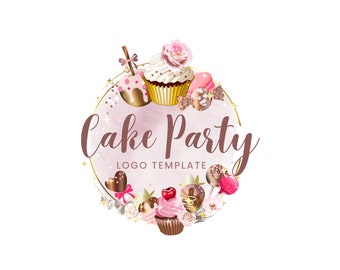 Cake Party Logo Design, Dessert Logo, Party Table, Cake Pops Logo, Dessert Bar, Sweets Logo, Bakery Brand, Rosegold, Cupcakes Canva Template